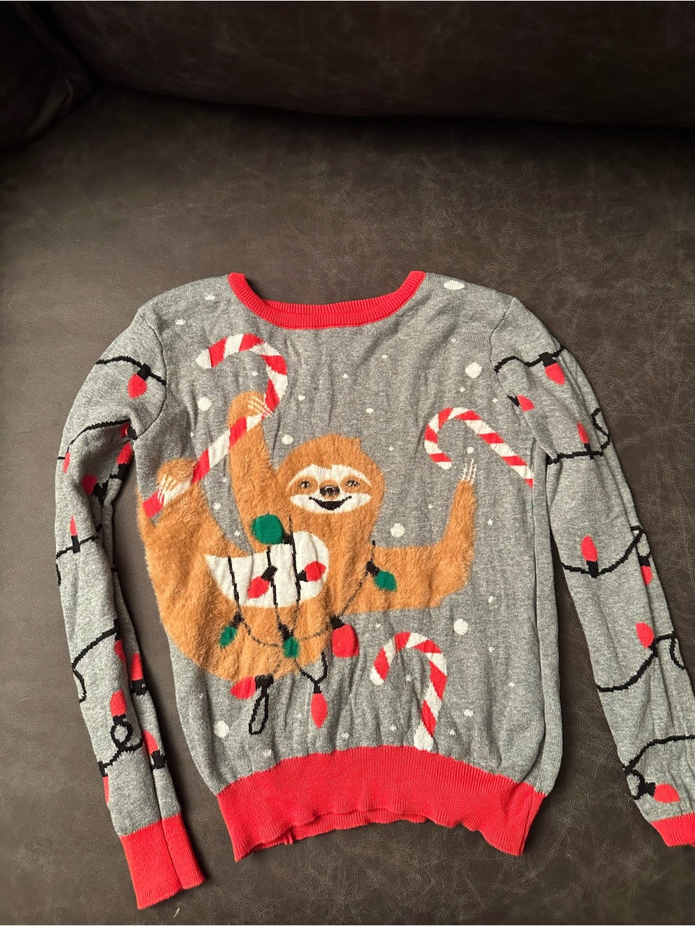 Kids Gray Sloth Candy Cane Holiday Top with Red Trim